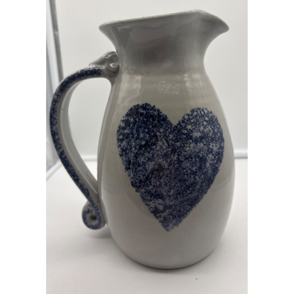 Vtg 1988 Flat Earth Pottery Blue Sponge Painted Heart Pitcher Farmhouse Ceramic